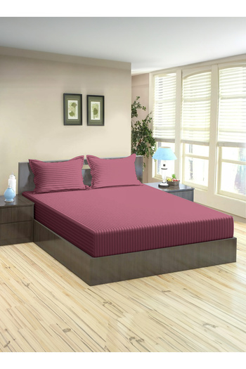 American Linen Queen Size Striped Fitted Elastic Bedsheet with 2 Pillow Cases 180 x 200 Cm (Maroon)