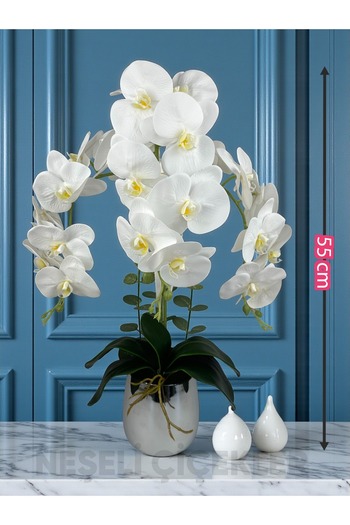 NEŞELİ ÇİÇEKLER Yapay Çiçek Beyaz Islak Orkide 3 Dallı Lüks Gümüş Metal Saksıda 55 cm Dekoratif Salon Çiçeği