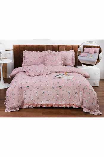 OEM Bed linen with ruffles, 2 persons, finet, 6 pieces, with elastic, pink, flowers, LELV101