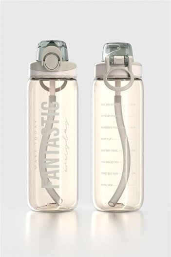 Renga Trego Sport Text Patterned 630 ml Tritan Water Bottle with Straw 912170 Beige
