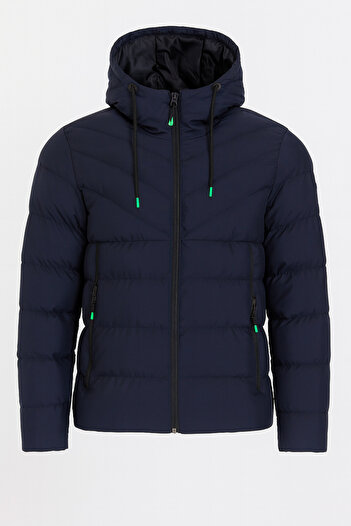 CIVILTIPOLO Men's Dark Blue Water and Windproof Hooded Thick Fur-Lined Puffer Coat & Jacket