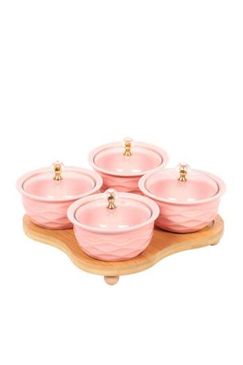 HOMEVEO 4-Piece Ceramic Sugar and Spice Set with Wooden Base
