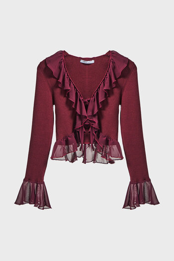 its basic Women's Burgundy Color W5-35 Bt25 Knitwear Knitted Fabric Chiffon Detailed Flounce Cardigan Blouse