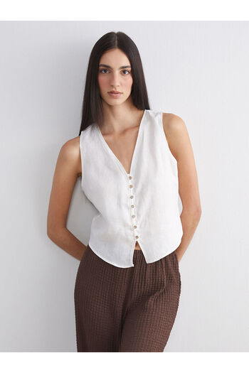 LC Waikiki Lcw Vision Ecru V-Neck 100% Linen Women's Classic Vest W5Le88Z8