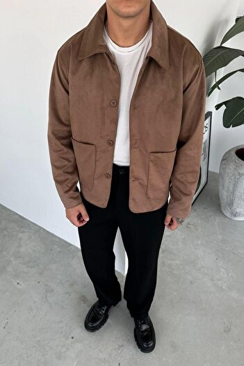 HAFKAGİYİM Tan Suede Fabric Relaxed Jacket with Button Detail