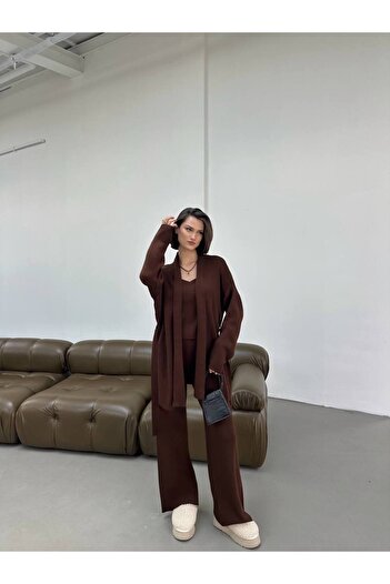 BOUQUET OF TULİP Thin Strap Knitwear Blouse Belted Cardigan Pants Set
