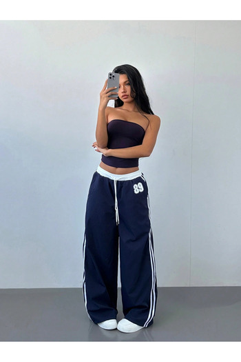 Touz Moda 89 Number Oversize Bel İp Detaylı Lacivert Baggy Eşofman Altı