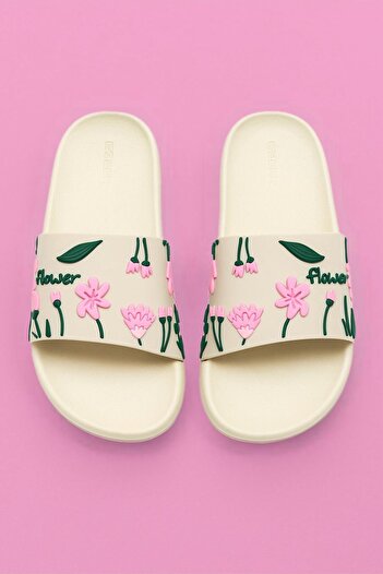 GEZER Bej Kadin Flower Pool Slippers - Beach Floral Patterned Slippers