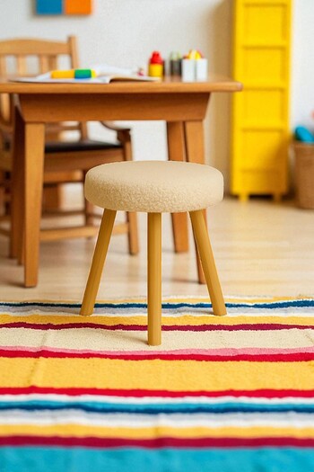 WoodyMaison ORINA Yuvarlak Peluş Modern Teddy Puf Bench – Retro Ahşap Ayaklı Tabure