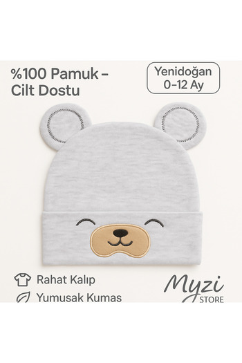 MYZİ STORE Baby Hat – 100% Cotton, Patterned with Ears & Accessory Model – 0-12 Months