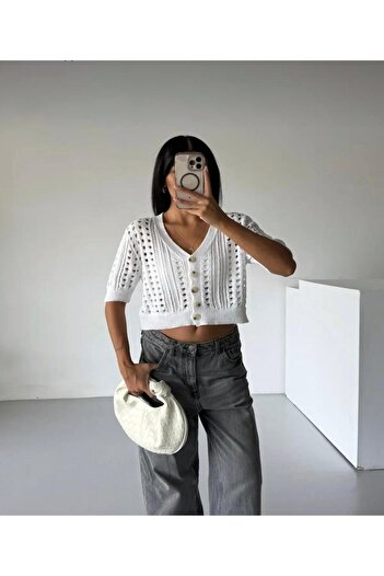 SolQ Openwork Pattern Short Sleeve V-Neck Crop 100% Cotton Knitwear Cardigan