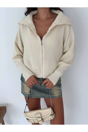 DONNA LISSA Women's Turn-Down Collar Thessaloniki Knitted Zippered Oversize Knitwear Cardigan