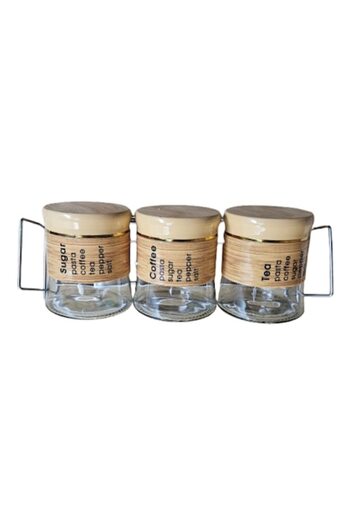 Clini Set 3 recipient din sticla, Clini, Capac ermetic, suport din otel inoxidabil