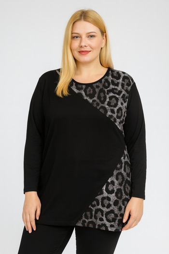HÜLYA BUTİK Women's Plus Size Black Cross Gray Leopard Print Uzunkol Blouse