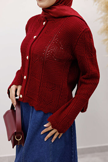 Tesettür Dünyası Embroidered Perforated Knitwear Cardigan Tsd250227 Claret Red