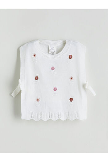 LC Waikiki Ecru Crew Neck Floral Girl's Knit Sweater
