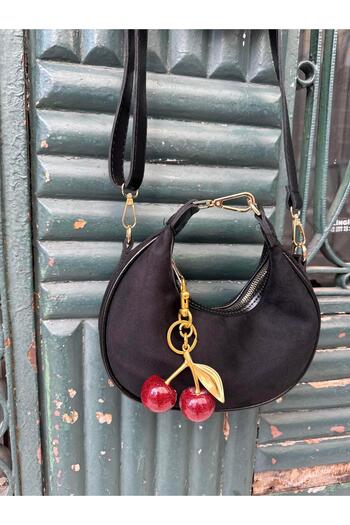 Tina İstanbul Cherry Charm Suede Women's Hand and Shoulder Bag Black