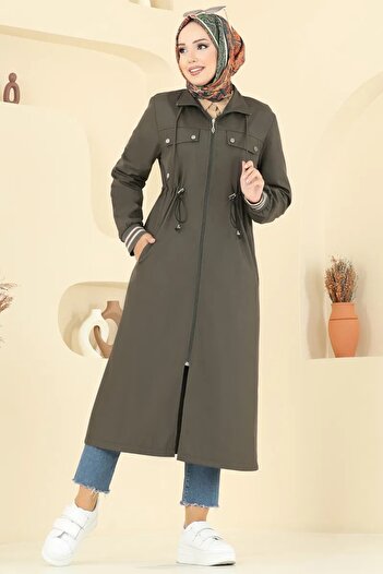 Weak Blue Long Trench Coat with Elastic Sleeves