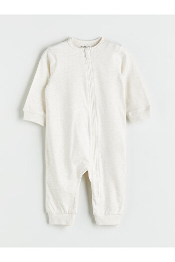 LC Waikiki Beige Crew Neck Basic Zippered Baby Boy Jumpsuit