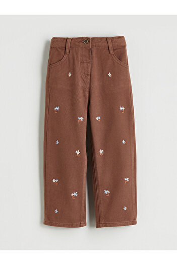 LC Waikiki Brown Floral Girl's Pants with Elastic Waistband