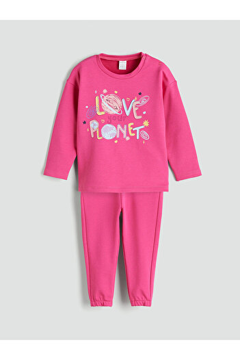 LC Waikiki Fuchsia Printed Baby Girl Sweatshirt and Sweatpants Set of 2