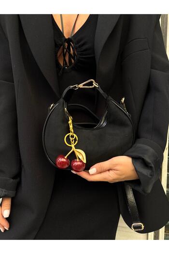 Tina İstanbul Cherry Charm Suede Women's Hand and Shoulder Bag Black