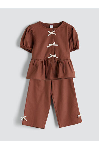 LC Waikiki Brown Crew Neck Girls' Blouse and Pants