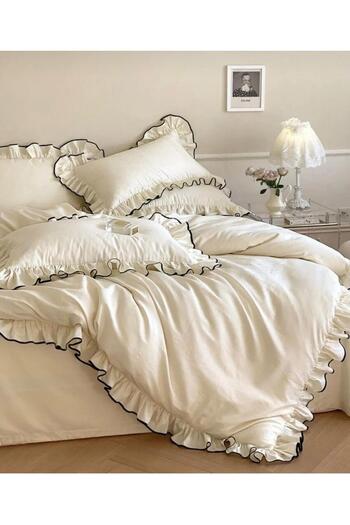 PAMUK DÜNYAM HOME Double Duvet Cover Set 100% Cotton Ornamental Overlocked Ruffles