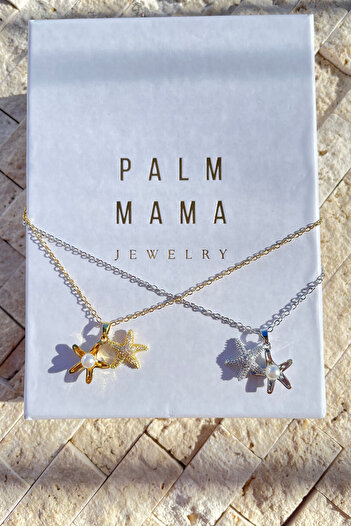 PALM MAMA JEWELRY Kadın Gümüş Renk Zirkon Taşlı Deniz Yıldızı Açılan Minimal Incili Kutulu Çelik Kolye