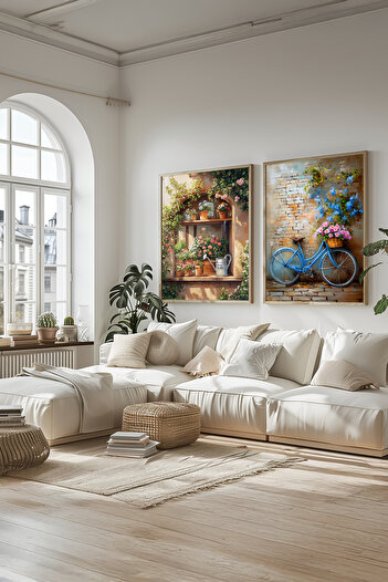 STARYUNA Wooden Framed Floral Window and Bicycle Oil Painting Effect Double Painting Set Yuna427