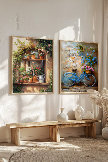 STARYUNA Wooden Framed Floral Window and Bicycle Oil Painting Effect Double Painting Set Yuna427