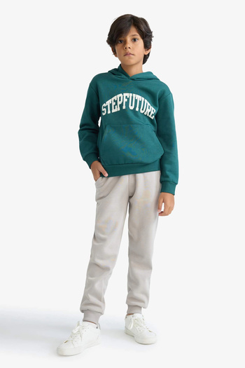 DeFacto D3033 Green Boy's Hooded Sweatshirt with Soft Furry Inside and Printed Pattern