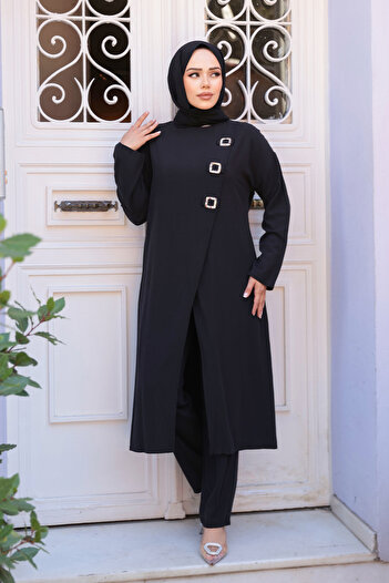 N.S NEVA STYLE Buckle Detailed Black Hijab Double Set 7675S