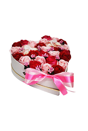 velve Personalized floral arrangement, white heart-shaped box with soap roses, red/pink