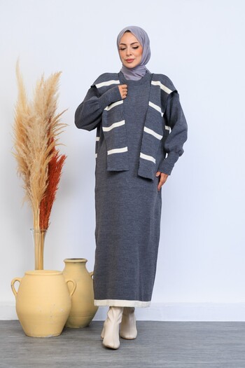 Eliva Women's Gray and White Striped Scarf Detailed Winter Knitwear Hijab Dress