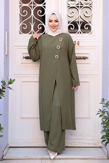 N.S NEVA STYLE Buckle Detailed Khaki Hijab Double Set 7675Hk