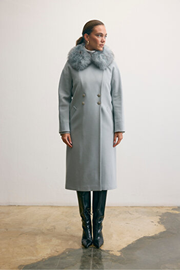 KENT Long Grey Coat with Fur Collar