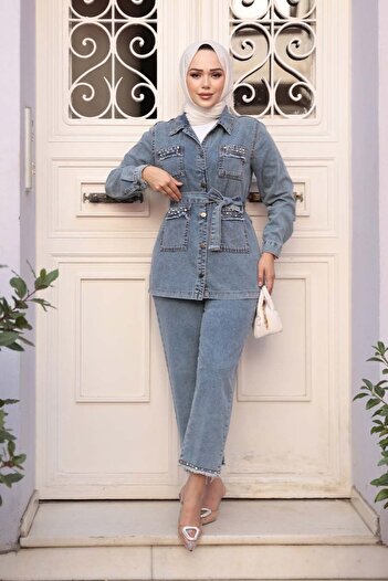N.S NEVA STYLE Dark Blue Hijab Jeans Double Set 44762Km