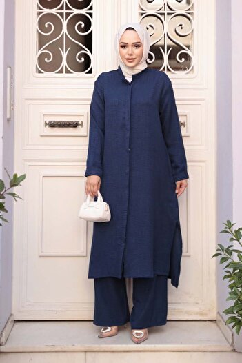 N.S NEVA STYLE Buttoned Navy Blue Hijab Triple Set 76591L