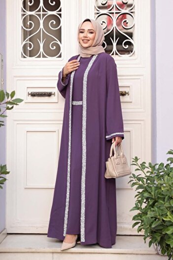 N.S NEVA STYLE Lilac Hijab Dress Double Set 76852Lila