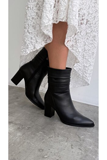 luuq shoes DAVY Μαύρες μπότες με τακούνι από γνήσιο δέρμα