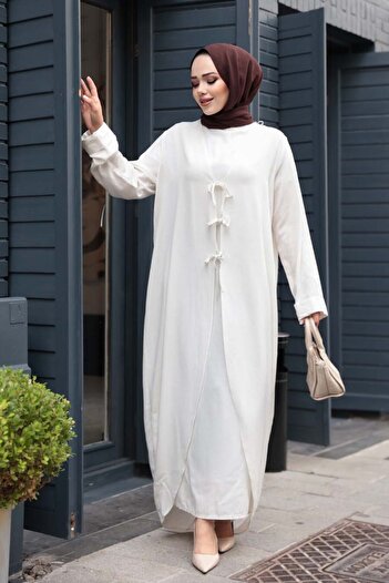 N.S NEVA STYLE Dress Ecru Hijab Double Set 76091E
