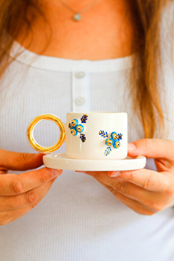 Özce Art Ceramic Atelier Blue Bead Evil Eye Patterned 24K Gold Detailed Handmade Turkish Coffee Cup and Saucer