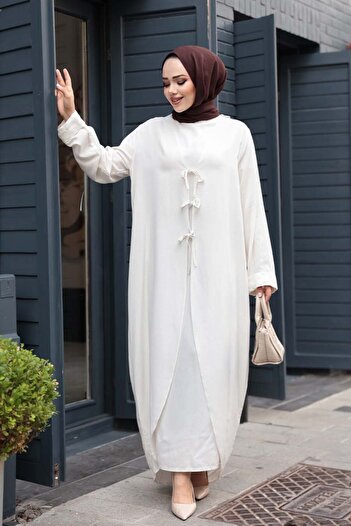 N.S NEVA STYLE Dress Ecru Hijab Double Set 76091E
