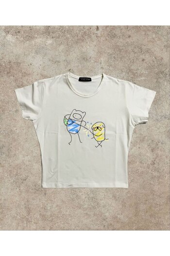 MAYDAY CULTURE Adventure Time White Sitting on Clouds Molded Lycra Stretchy Y2K Pinterest Baby Tee Crop Top