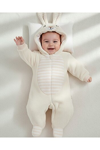 VOY KİDS 6-9 Months Hooded Rabbit-Themed Zippered Welsoft Winter Thick Jumpsuit with Ear Detail