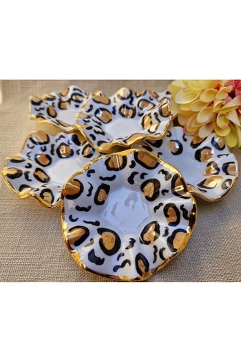 Handmade Esterhomedecor Set of 6 Porcelain Hand-Painted Coffee Side Trays with Leopard Pattern Turkish Delight Tray