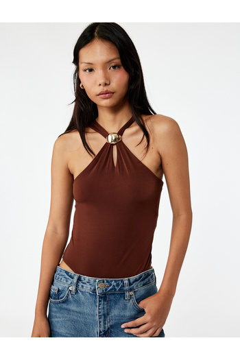 Koton Cross Strap Sleeveless Snap-On Bodysuit with Metal Accessories