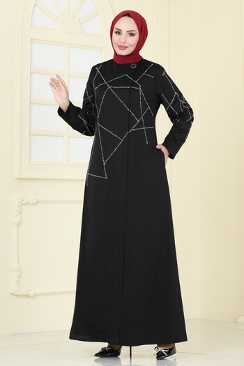 ModaMerve Stone Detailed Stylish Overcoat Ferace 2263Edm718-Ms Black
