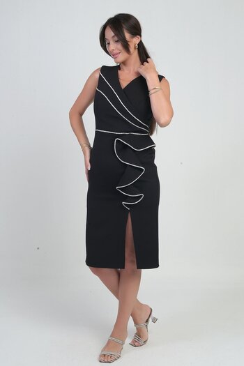 By Saygı Women's Double-Breasted Collar Slit and Flounce Detailed Shiny Stripe Lined Crepe Short Dress